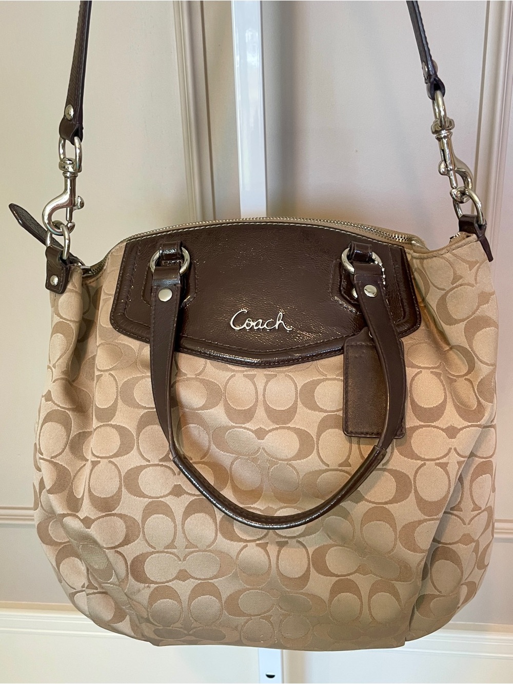 Coach Signature Ashley Satchel Large Brown Leather Tan C Print Mahogany